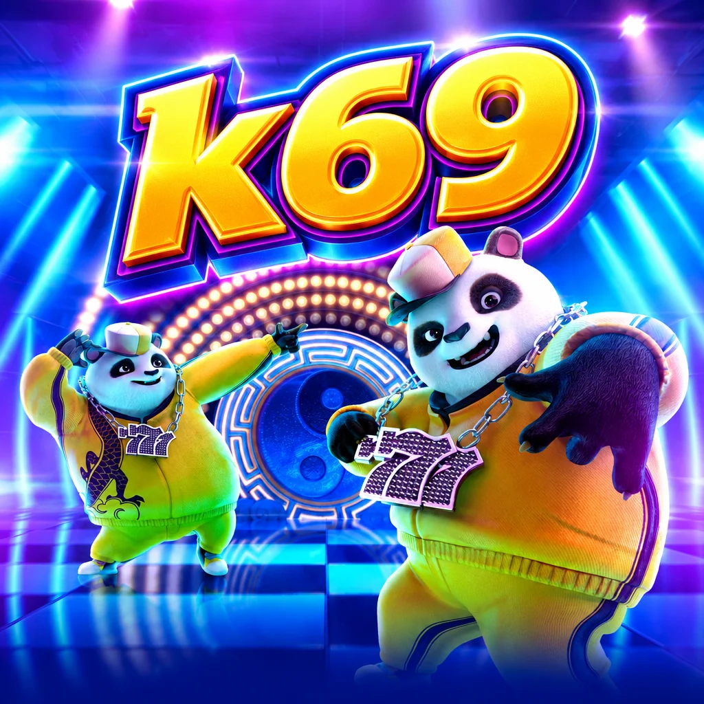 Logo k69 bersama karakter panda bergaya hip hop dengan latar panggung dansa di Hip Hop Panda