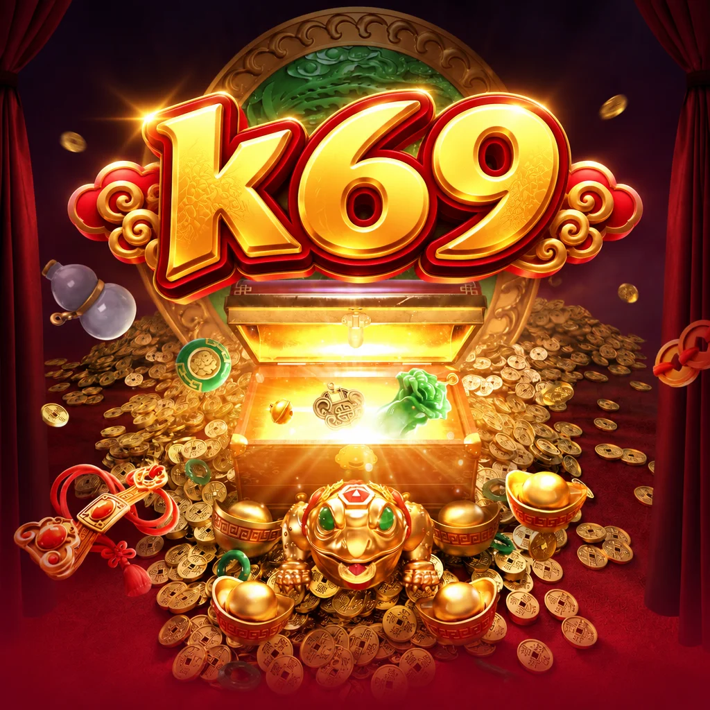 Logo k69 di atas peti harta karun terbuka berisi giok dan koin emas bertema Jewels Prosper