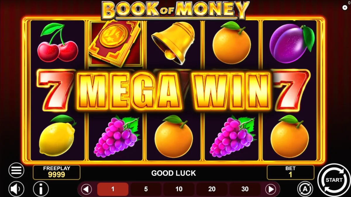 Tampilan visual mesin slot Book of Money dengan simbol buah klasik dan buku mistis.